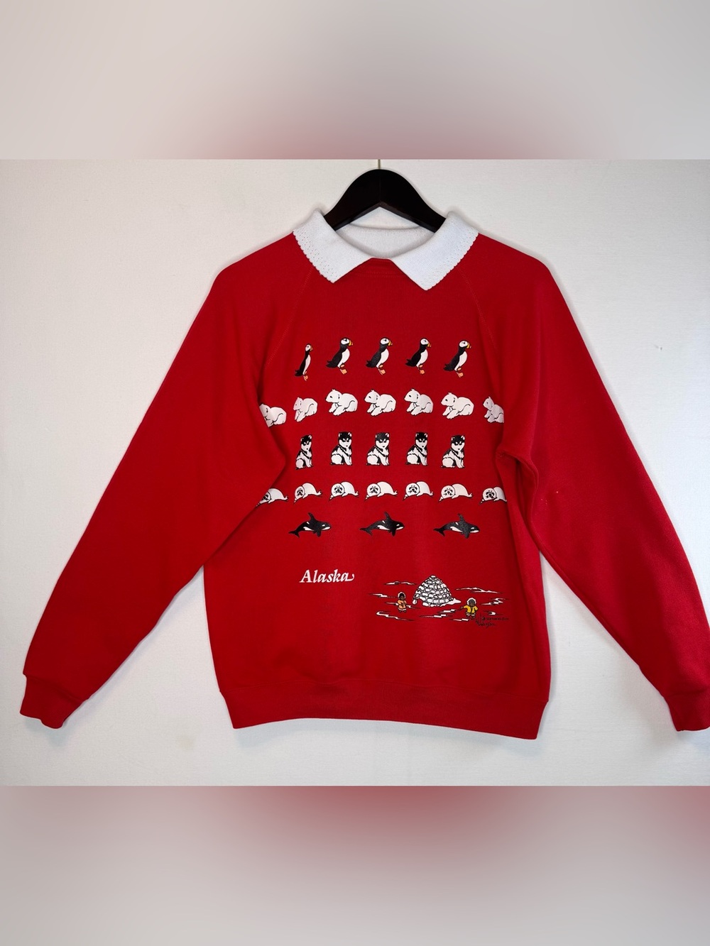 VTG Morning Sun Collared Sweatshirt womens sz Lg red Alaska Eskimo Huskies